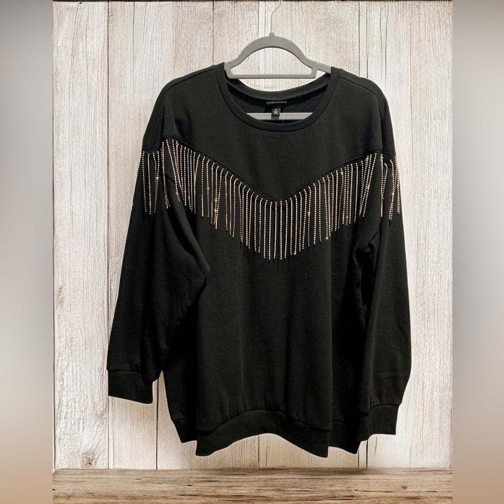 TORRID Drop Shoulder Rhinestone Fringe Sweatshirt